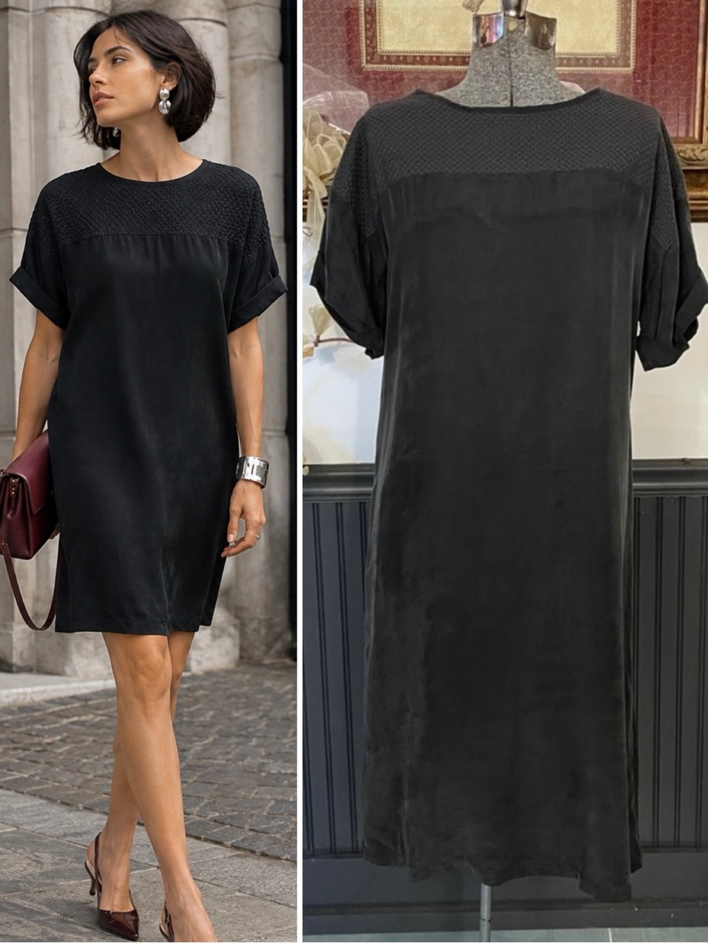 Noa Noa Danish Black Silk Shift Dress Textured Basketweave Yoke Sz 36 US S🧡🎀
